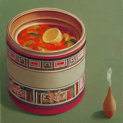 Image similar to ornamented by hsiao - ron cheng, by filippino lippi rococopunk. in this painting, the artist has used a photo - realist style to depict a can of soup. the can is placed on a plain background, & the artist has used bright, primary colors to create a striking image. the painting is both realistic & abstract