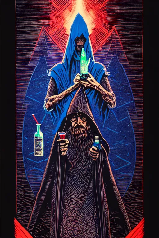 Image similar to cloaked wizard holding magic potion, high details, intricately detailed, by vincent di fate, inking, 3 color screen print, masterpiece, trending on artstation,, sharp, details, hyper - detailed, hd, 4 k, 8 k