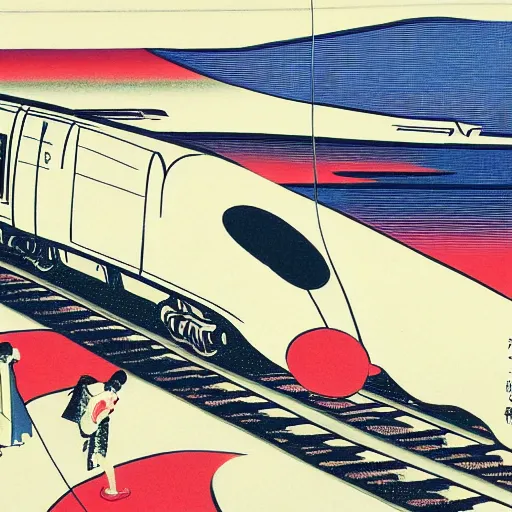 Image similar to high speed train in india against a giant rising sun, ukiyo - e style, lithograph, textile print