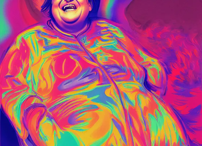 Prompt: A psychedelic portrait of very obese and fat maniacally laughing angela merkel, vibrant color scheme, highly detailed, in the style of romanticism, cinematic, artstation, Moebius, Greg rutkowski