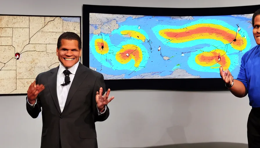 Image similar to reggie fils - amie in front of a weather map