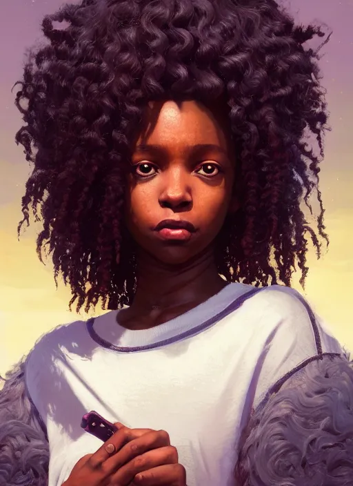 Image similar to highly detailed portrait of black girl with long curly hair looking at the camera in gta v, stephen bliss, unreal engine, fantasy art by greg rutkowski, loish, rhads, ferdinand knab, makoto shinkai and lois van baarle, ilya kuvshinov, rossdraws, tom bagshaw, global illumination, radiant light, detailed and intricate environment