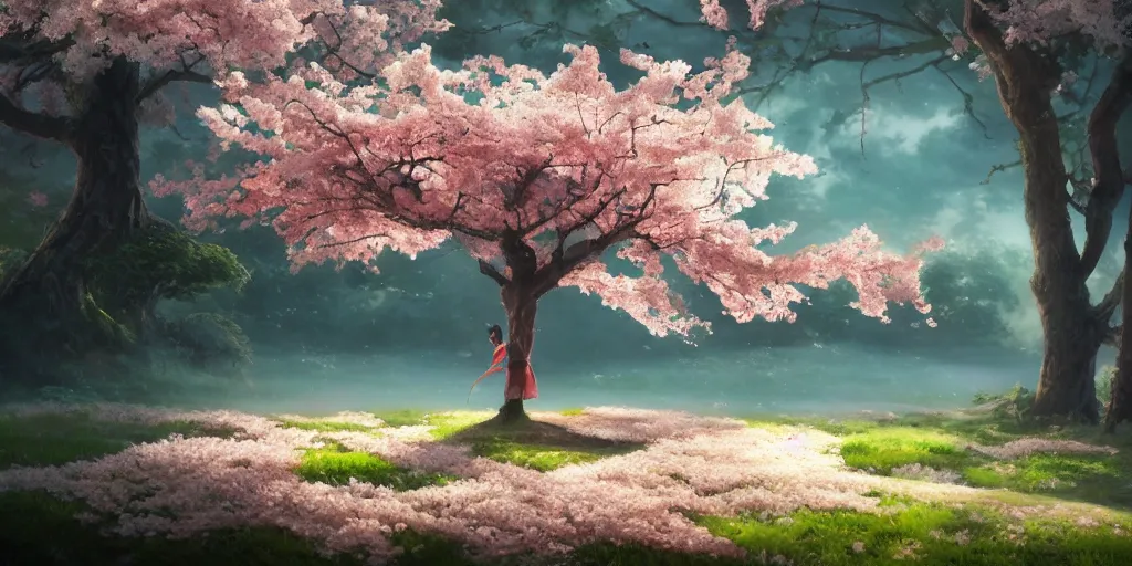 Image similar to a sakura tree, detailed oil painting, cinematic angle, hyperrealistic, breathtaking, cinematic lighting, dynamic, Studio Ghibli, digital art, octane render, epic composition, trending on artstation, masterpiece