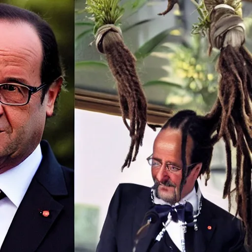 Prompt: photo of François Hollande with short dreadlocks in the style of Tahiti Bob, lots of short dreadlocks on the head, short dreadlocks with beads