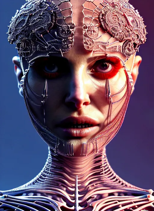 Prompt: portrait of an absurdly beautiful, graceful, sophisticated, fashionable futuristic female skeleton with sections of skin showing, natalie portman, hyperdetailed illustration by irakli nadar and alexandre ferra, intricate linework, faberge, intricate chrome headdress, dark atmosphere, glowing red eyes, unreal engine 5 highly rendered, global illumination, radiant light, detailed and intricate environment