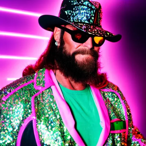 Prompt: side profile of macho man randy savage wearing pink and green glowing mesh sunglasses, a sparkling diamond encrusted jacket, neon lights in the background with fog and synthwave