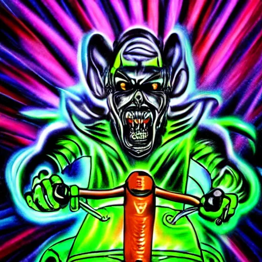 Image similar to psychedelic blacklight airbrush artwork, hyper stylized action shot of an orc biker riding a motorcycle, airbrushed on a black background