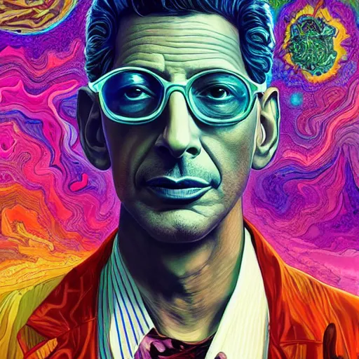 Image similar to Jeff Goldblum an extremely psychedelic experience, colorful, surreal, dramatic lighting, cosmonaut, LSD, face, detailed, intricate, elegant, highly detailed, digital painting, artstation, concept art, smooth, sharp focus, illustration, art by Sam Spratt, Dan Mumford, Artem Demura and Alphonse Mucha