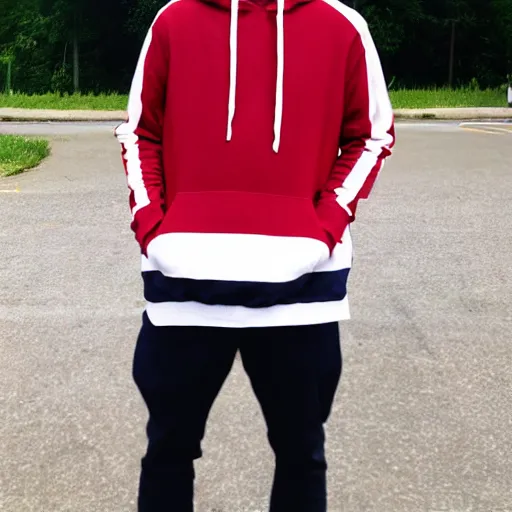 Image similar to portrait of a person wearing featureless white mask, wearing red and white stripes hoddie