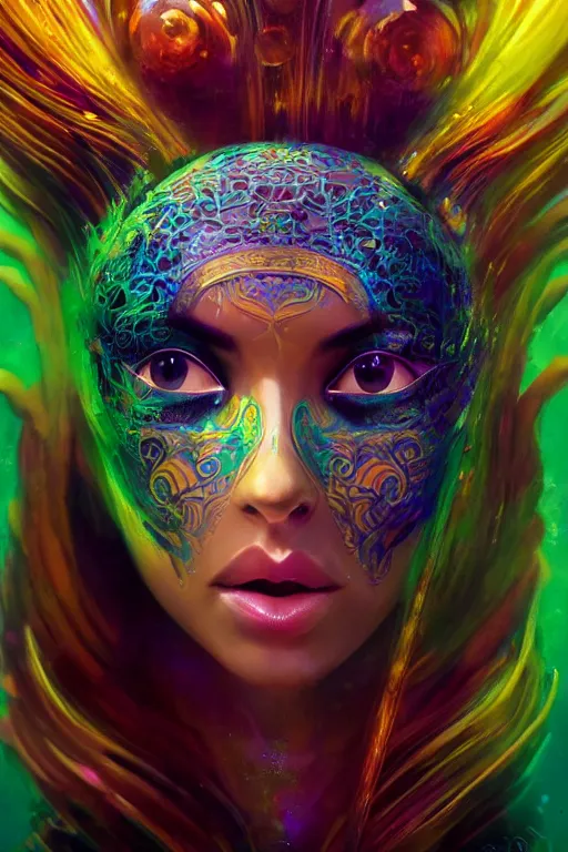 Image similar to a centered render of an alluring goddess wearing a psychedelic mask surrounded by a underwater ink pour, perfect face, powerful, cinematic, beautifully lit, by artgerm, by karol bak, 3 d, trending on artstation, octane render, 8 k