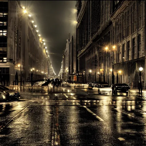 Prompt: rainy night in the streets of chicago, masterpiece, dramatic pose, beautiful lighting, sharp details, hyper - detailed, hd, hdr, 4 k, 8 k