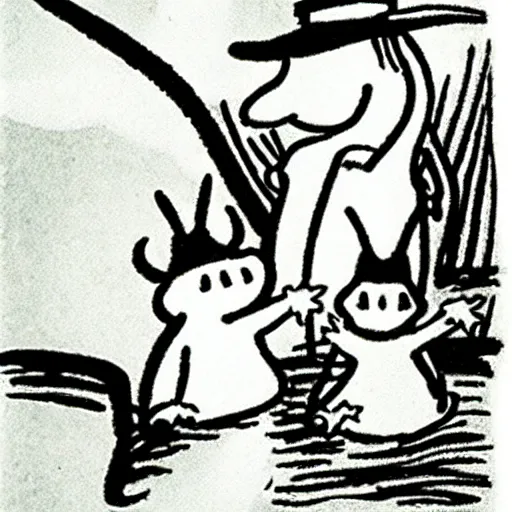 Image similar to moomins, ink, by tove jansson