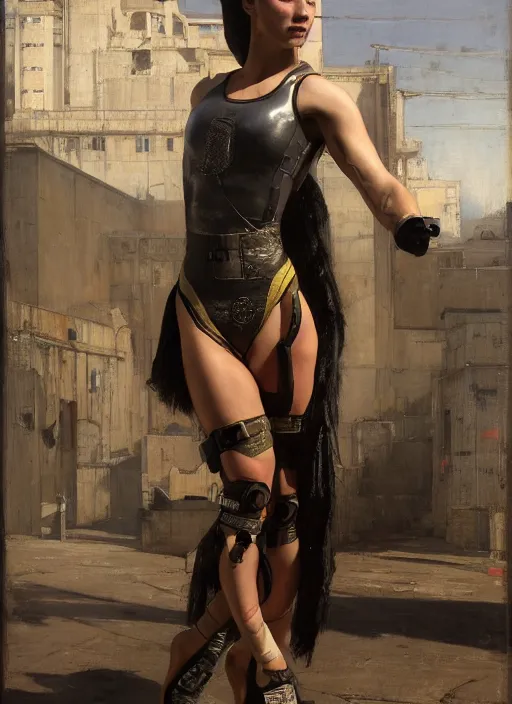 Prompt: Sophia. cyberpunk gymnast wearing a military vest and combat gear. (Cyberpunk 2077, bladerunner 2049). Iranian orientalist portrait by john william waterhouse and Edwin Longsden Long and Theodore Ralli and Nasreddine Dinet, oil on canvas. Cinematic, hyper realism, realistic proportions, dramatic lighting, high detail 4k