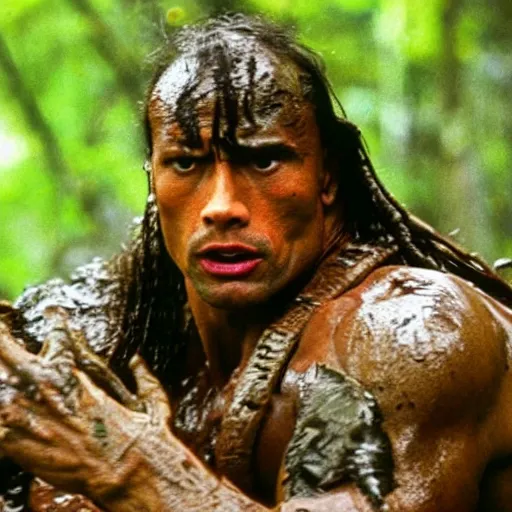 Image similar to film still of a mud - covered dwayne johnson as dutch looking in panic in predator 1 9 8 7, hd, 8 k