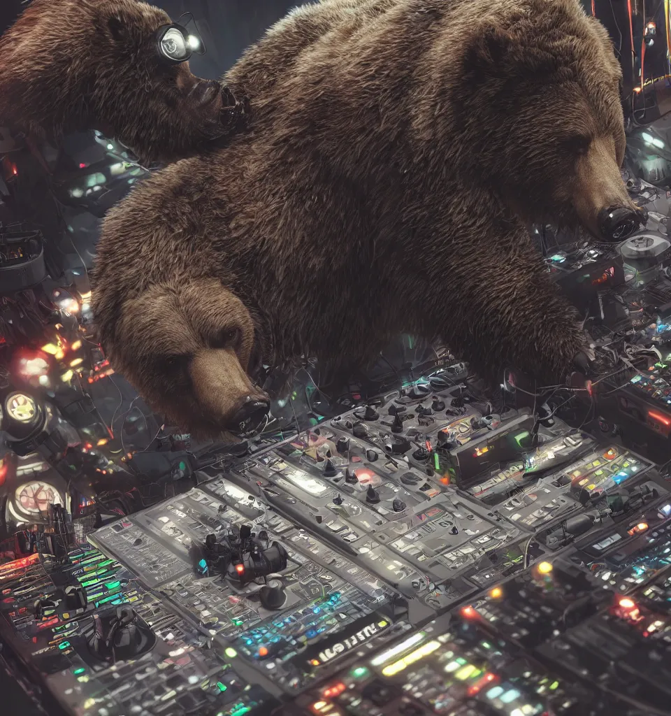 Prompt: a cyborg grizzly bear dj mixing records on stage, photorealistic, highly detailed, illustration, lifelike, highly detailed, intricate, octane render, sharp focus, cyberpunk