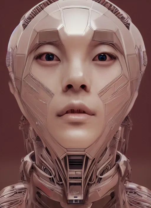 Image similar to beautiful portrait of an alien cyborg, style of Feng Zhu, Artstation geometric, aesthetic, big eyes, smooth skin, angelic, unique features, symmetrical, intricate crown, high fashion, streetwear, cyberpunk, detailed, octane render, cinematic, 8k, brown skin, retro sci fi film, Stanisław Szukalski + Moebius,