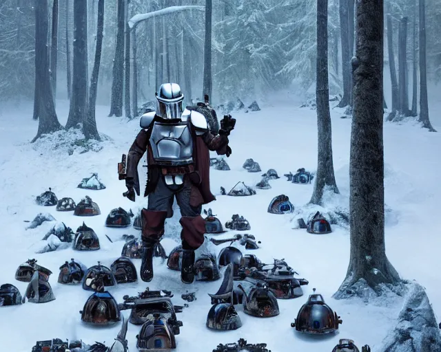 Image similar to in a snowy forest, a mandalorian jango fett, is looking at a huge pile of mandalorian helmets piled up, concept art highly detailed, great cinematic lighting, octane render, 8 k, depth of field, 3 d, art by greg rutkowski, trending on artstation, cinematographic shot
