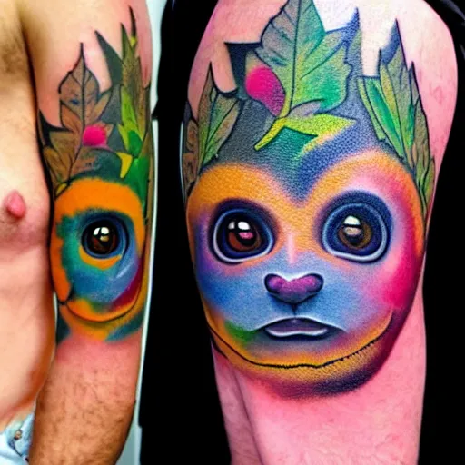 Image similar to shoulder tattoo of a multicolored spaced out cute bush baby, eyes are colorful spirals, surrounded with colorful magic mushrooms and marihuana leaves, insanely integrate