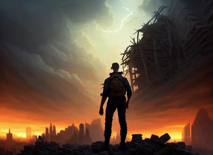 Prompt: highly detailed shot of a male explorers face in front of a rubble city, rule of thirds, perfect composition, cinematic view, epic sky, detailed, concept art, low angle, high detail, warm lighting, volumetric, godrays, vivid, beautiful, by jordan grimmer, huge scene, art greg rutkowski, award winning photography