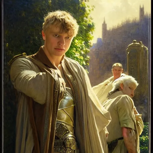 Image similar to arthur pendragon and merlin. focus on their faces. natural lighting. highly detailed painting by gaston bussiere, j. c. leyendecker, greg rutkowski 8 k