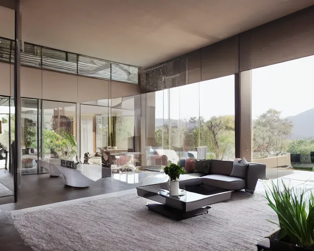 Image similar to a modern style living room in a big mansion next to a giant window overlooking the pool, 8 k resolution, sharp focus, wide lens, interior design photography, ray tracing