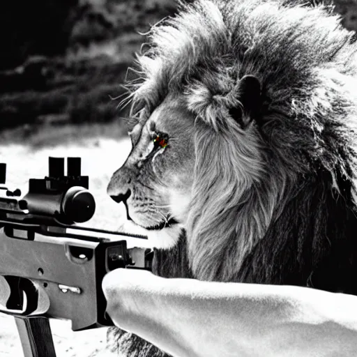 Prompt: a lion shooting a gun through the james bond opening gun sights