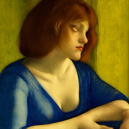 Image similar to close up of a girl in a blue and gold haunted liminal abandoned room, film still by edward hopper, by Pontormo, by klimt, by dante gabriel rossetti, pre-raphaelite. art noveau, highly detailed, strong lights, liminal, eerie, Bright pastel colors