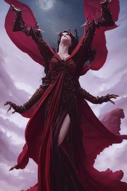 Image similar to beautiful vampire female queen, full body shot, ascending form the sky, hands reaching for her, d & d, fantasy, intricate, elegant, highly detailed, digital painting, artstation, concept art, matte, sharp focus, illustration, hearthstone, art by artgerm and greg rutkowski and alphonse mucha