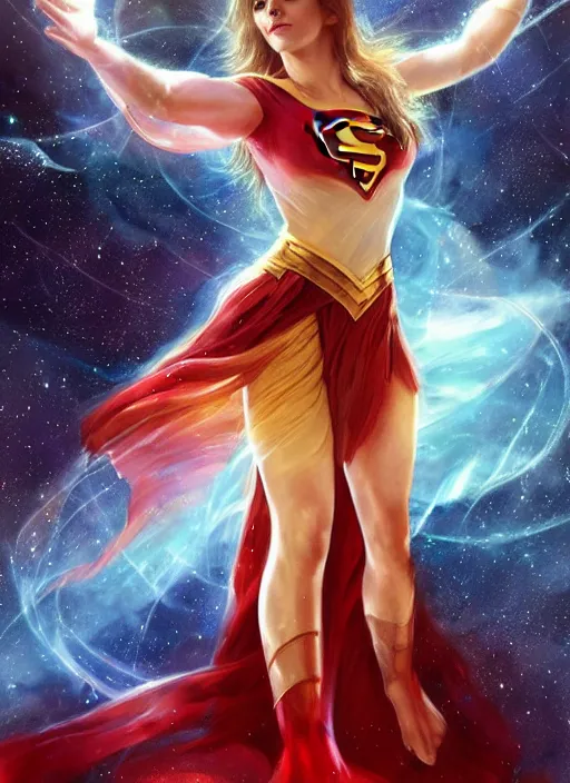 Prompt: emma watson as nature magic celestial, superwoman pose, long hair, skirt and t-shirt, soft red and blue transparent cloth, space, D&D, shiny background, intricate, elegant, highly detailed, digital painting, artstation, concept art, smooth, sharp focus, illustration, artgerm, bouguereau