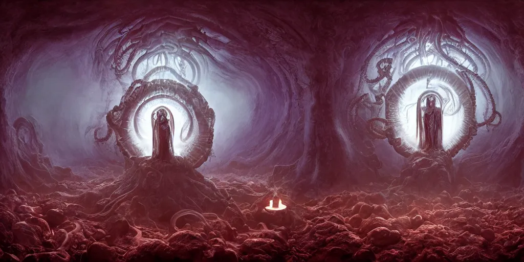 Image similar to photorealistic matte painting photography of circle group of necromancer priest in an invoking ritual in front of a viscosity cthulhu within a lovecraft portal, art by david lachapelle, photography by annie leibovitz, wide - angle portrait, atmospheric lighting, rich deep colors masterpiece, fractal crystals