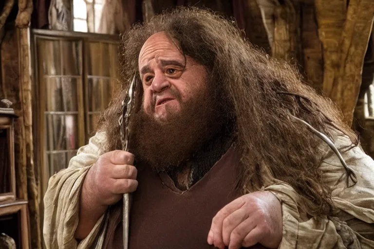 Image similar to film still Danny Devito as Rubeus Hagrid in his cabin in Harry Potter movie