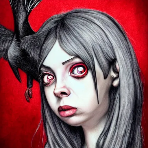 Prompt: surrealism grunge cartoon portrait sketch of billie eilish the raven with a wide smile and a red balloon by - michael karcz, loony toons style, cindy lou who style, horror theme, detailed, elegant, intricate