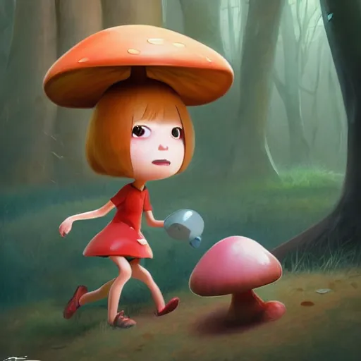 Image similar to goro fujita ilustration a cheerful girl collecting mushrooms in the forest, characterized by masamune shirow and bagshaw tom, character art, sharp focus, highly detailed, artstation