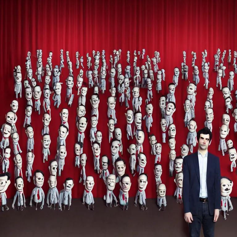 Image similar to focused dslr medium shot photograph of nathan fielder standing in front of dozens of nathan fielder clones on puppet strings from nathan for you on comedy central on a stage with a red curtain, meta, fractal, trippy, high detail!!! 8 k!!!!, photorealism!!!, sharp focus!!! coherent!!!