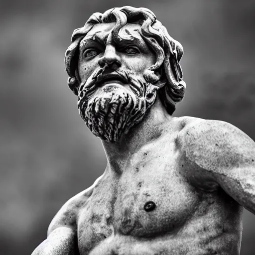 Prompt: statue of frustrated Poseidon very annoyed and complaining with wild gestures to the camera, Sigma 85mm f/1.4