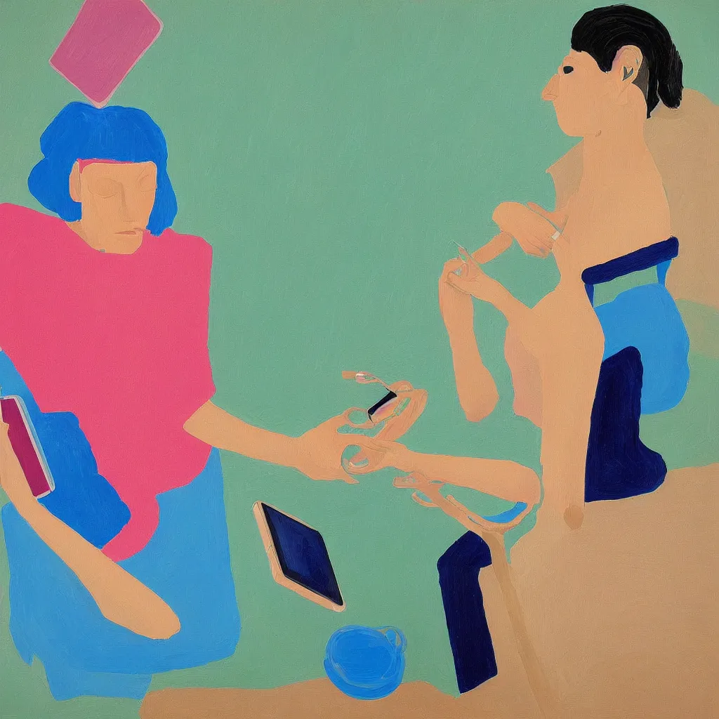 Image similar to i, a photorealistic painting of a beautiful woman playing her iphone, by david hockney