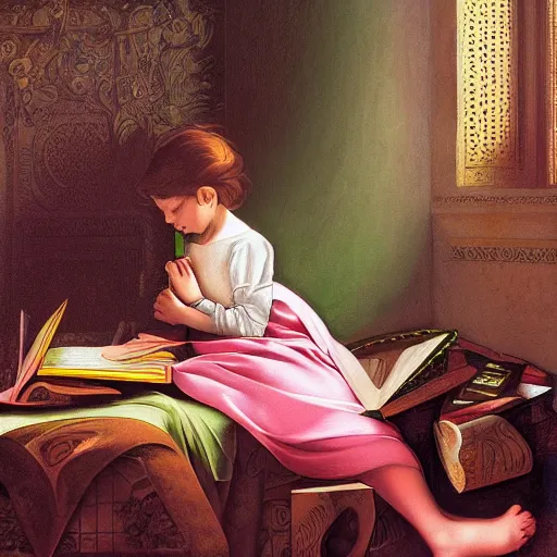 Prompt: an enchanted child reading books, inside a futuristic maximalist hyperdetailed room. in the style of Caravaggio with flemish baroque vibrant shiny maximalist textures in soft pastel tones. matte background. HD 8x