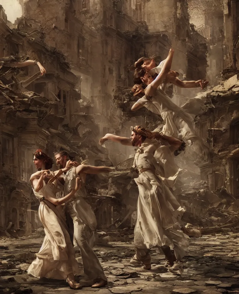 Prompt: concept art of one couple dancing in the middle of ruins of a victorian city by j. c. leyendecker, wlop, ruins, dramatic, octane render, epic painting, extremely detailed