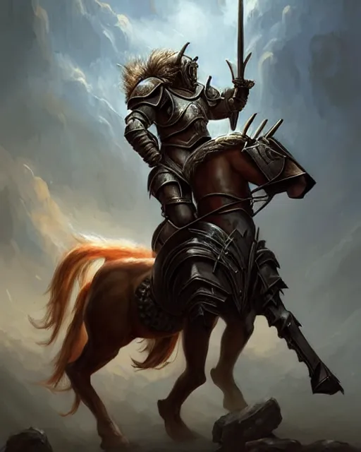 Image similar to centaur centaur centaur chimera :: Paladin, fearsome, beautiful, DnD character art portrait, mythical creature, human male chest and head with horse body, plate armor, matte fantasy painting, DeviantArt Artstation cgscosiety, by Jason Felix by Steve Argyle by Tyler Jacobson by Peter Mohrbacher, cinematic lighting, 8k.