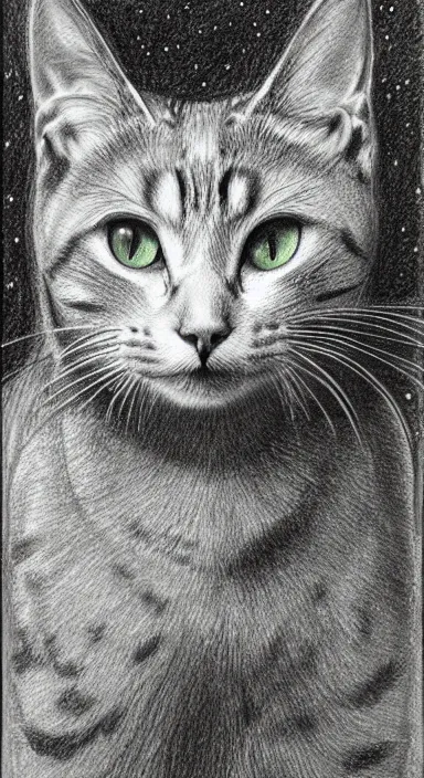 Image similar to highly detailed full body realistic pencil sketch of a beautiful cat with big green eyes in front of the universe