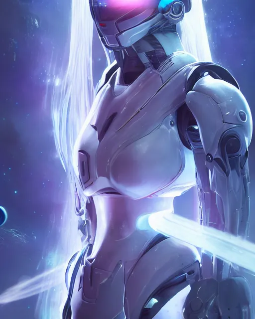 Image similar to perfect android girl on a mothership, warframe armor, beautiful face, scifi, futuristic, galaxy, nebula, raytracing, dreamy, long white hair, blue cyborg eyes, sharp focus, cinematic lighting, highly detailed, artstation, divine, by gauthier leblanc, kazuya takahashi, huifeng huang