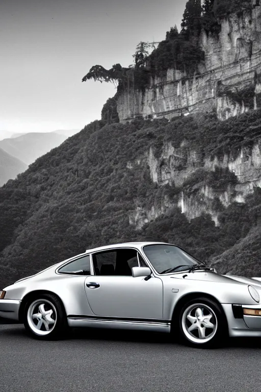 Prompt: Photo of a silver Porsche 911 Carrera 3.2, Lake Como in the background, daylight, dramatic lighting, award winning, highly detailed, 1980s Versace ad, fine art print, best selling.