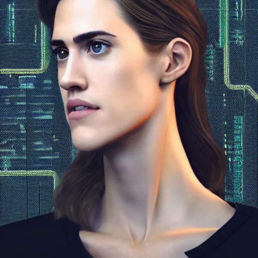 Image similar to a Super realistic version of Allison Williams in the style of Detroit: Become Human, cinematic, three quarter view, symmetrical face, full body, photo realistic, detailed , 8k, wide lens, unreal engine 5, hyper realistic, artgerm, trending on artstation