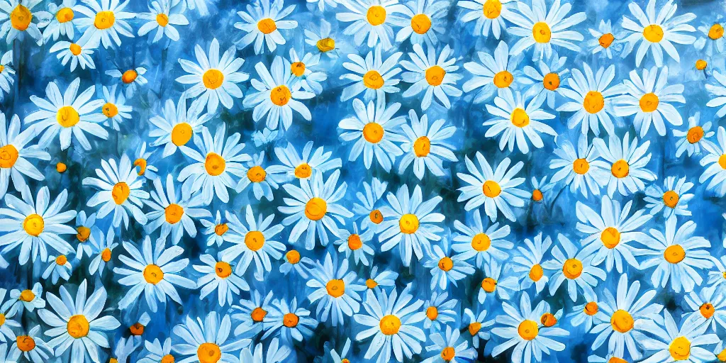 Prompt: light blue daisies on bottom half of painting, matte painting, white background