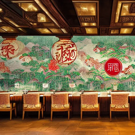Image similar to a beautiful hyperdetailed 4 k hd wallpaper illustration interior of roasted string hotpot restaurant restaurant yan'an, wall painting, from china, with merchant logo, fine delicate structure, chinese style, victo ngai