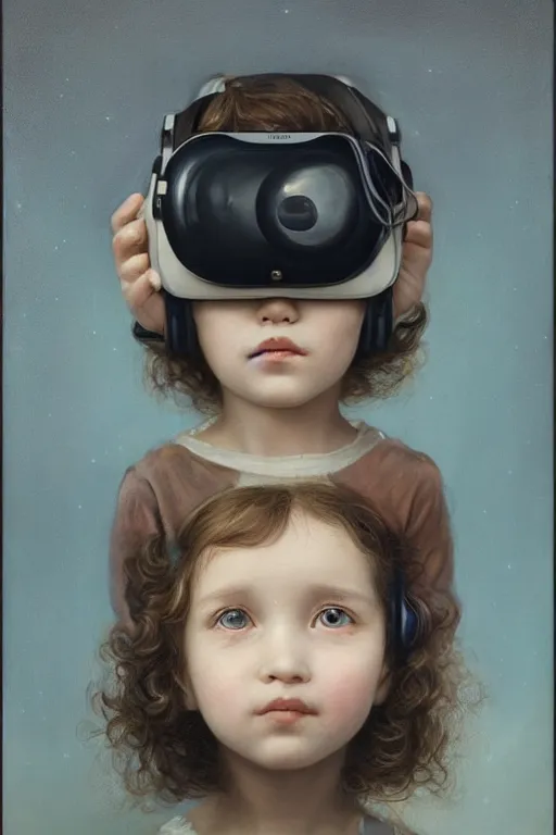 Image similar to a beautiful ultradetailed vintage photo of a child attached to a futuristic vr headset, by tom bagshaw and anna dittman, portrait, 2 4 mm lens, golden ratio composition, detailed face, studio photography, very detailed, humanoids, interconnected, artstation, 8 k, highly coherent