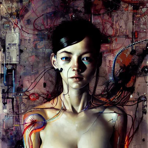 Image similar to young woman cyberpunk having her dreams stolen, wires cybernetic implants, in the style of adrian ghenie, esao andrews, jenny saville,, surrealism, dark art by james jean, takato yamamoto