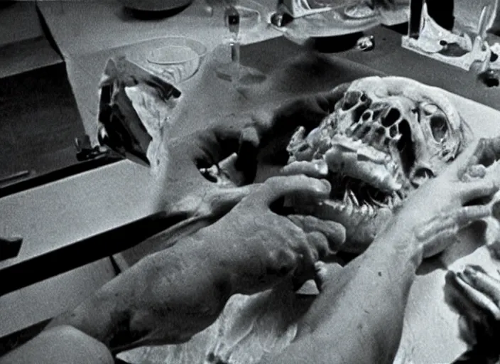 Prompt: disturbing 3 5 mm photography of a dissection of a human horror film practical fx by david cronenberg ridley scott 1 9 7 0