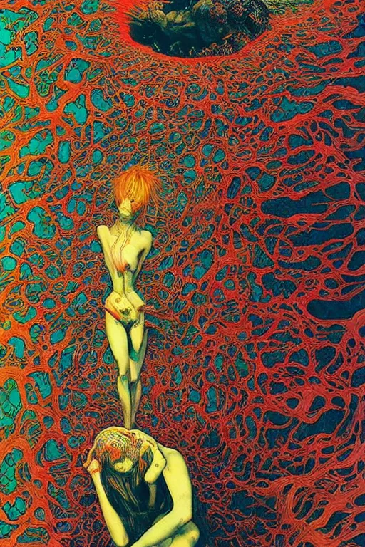 Prompt: body breaking apart, life like conjuring psychedelic illustration by shintaro kago, ultra realistic, highly detailed, hypermaximalist, symmetrical, rich deep colors. beksinski painting, part by adrian ghenie and gerhard richter. art by takato yamamoto. masterpiece