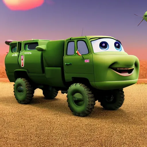 Image similar to HIMARS with eyes and smile, Cars Pixar movie style, detailed, green